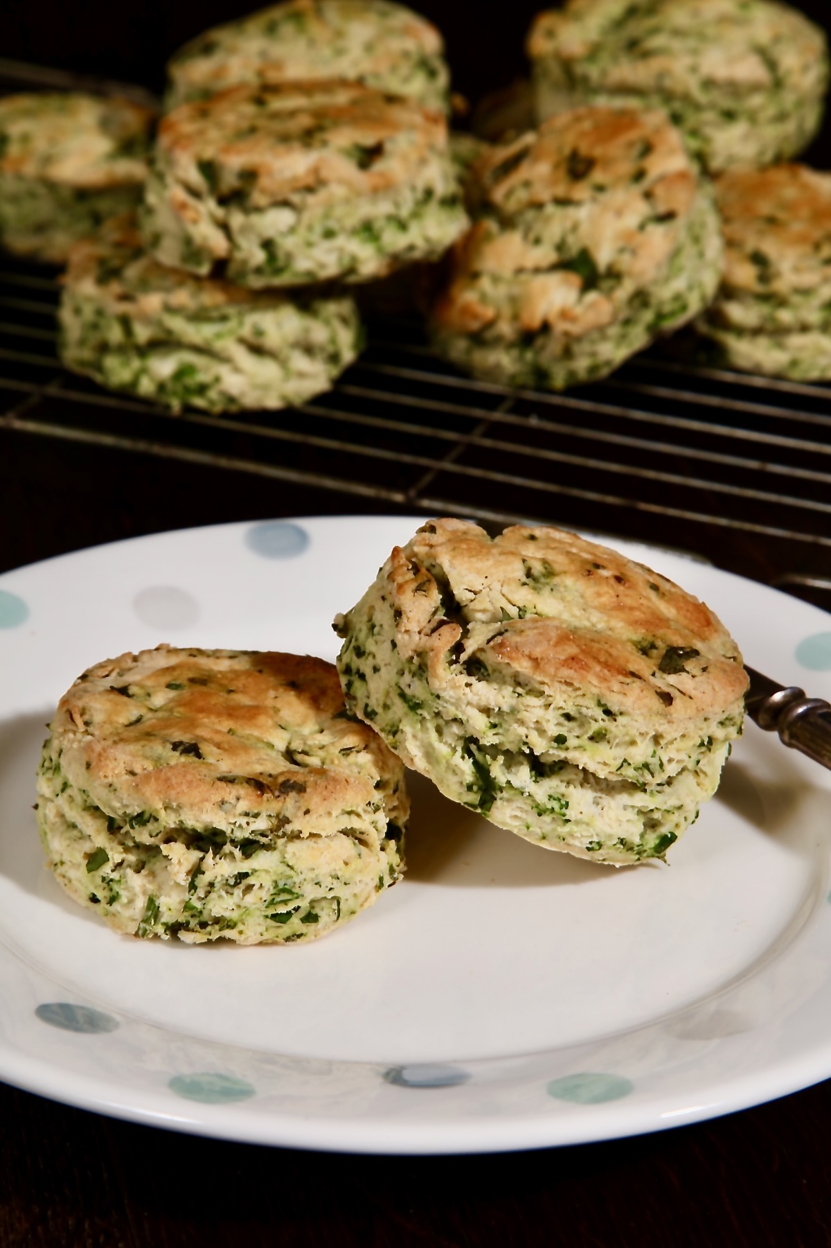 Two fresh wild garlic scones sit on a white plate edged with blue and grey polka dots. There are more scones in the background on a wire cooling rack.