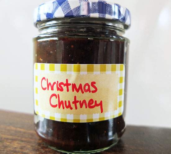 Christmas chutney in a reused jam jar, with a hand written label.