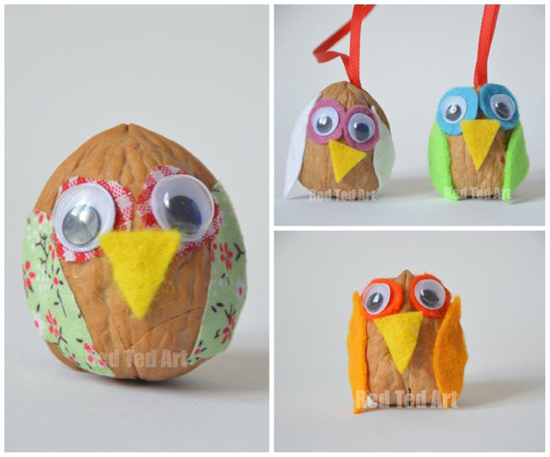 Walnut owl decorations with googly eyes.
