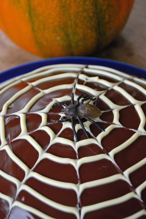 Chocolate Halloween Cobweb Cake with a plastic spider decoration sat in the middle.