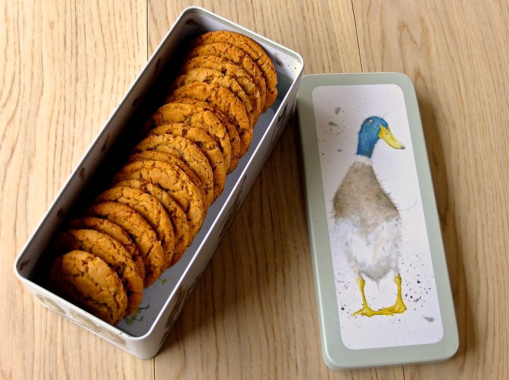 Cornish Farings, ginger biscuits in a rectangular tin decorated with a mallard.