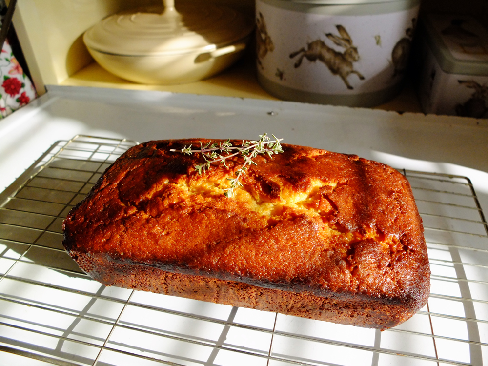Lemon Thyme Cake cooling on a wire rack in the sunshine. Cake tins in a vintage 1930s cupboard are in the background.