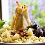 Braised Fennel and Dolcelatte Cheese in crips filo parcels served with almond cous cous and portobello mushrooms