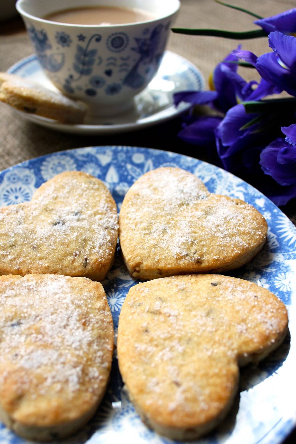 Sugar coated heart shaped lavender biscuits.