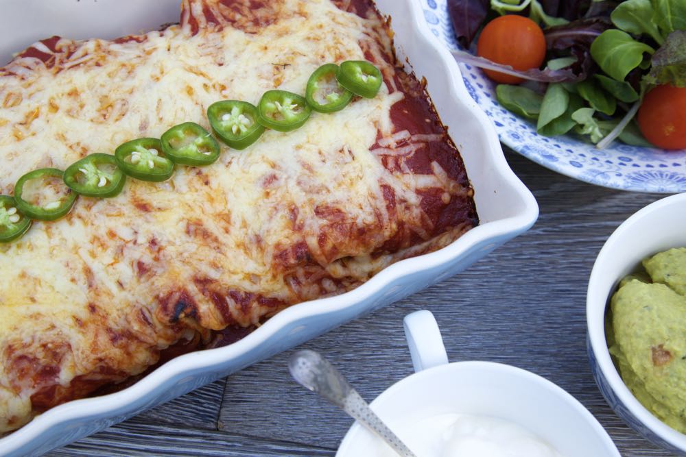 Easy Vegetarian Enchiladas with Quorn and Spicy Refried Beans Thinly