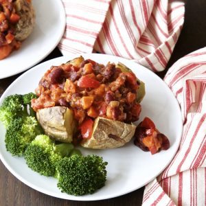 Easy Vegan Chilli with baked potatoes and broccoli