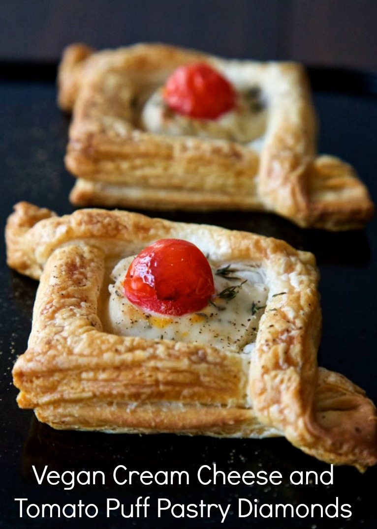 Vegan Puff Pastry Diamonds - filled with herb and garlic vegan cream cheese, topped with cherry tomatoes and thyme.