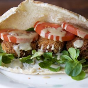 Easy Vegan Falafel - Chickpea Falafels in soft pitta pockets with crisp salad leaves, juicy tomatoes and a tahini drizzle