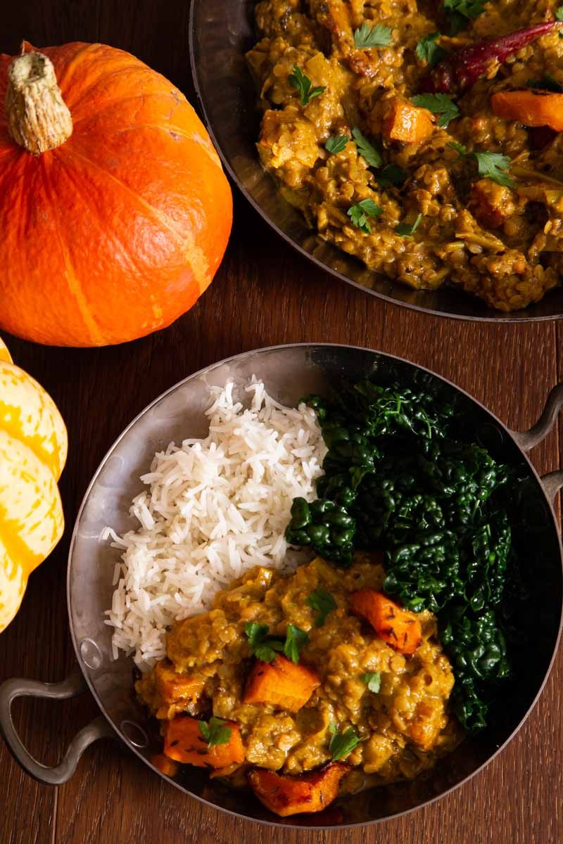 Pumpkin Curry with rice and kale.