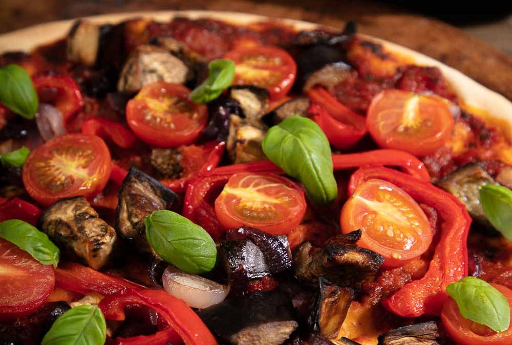 Aubergine Pizza with Peppers and Tomatoes