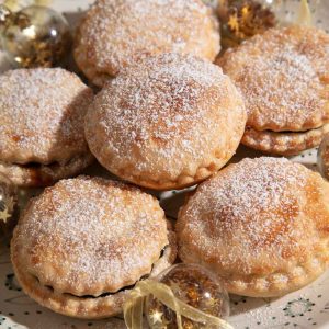 Vegan Mince Pies with Christmas Baubles.