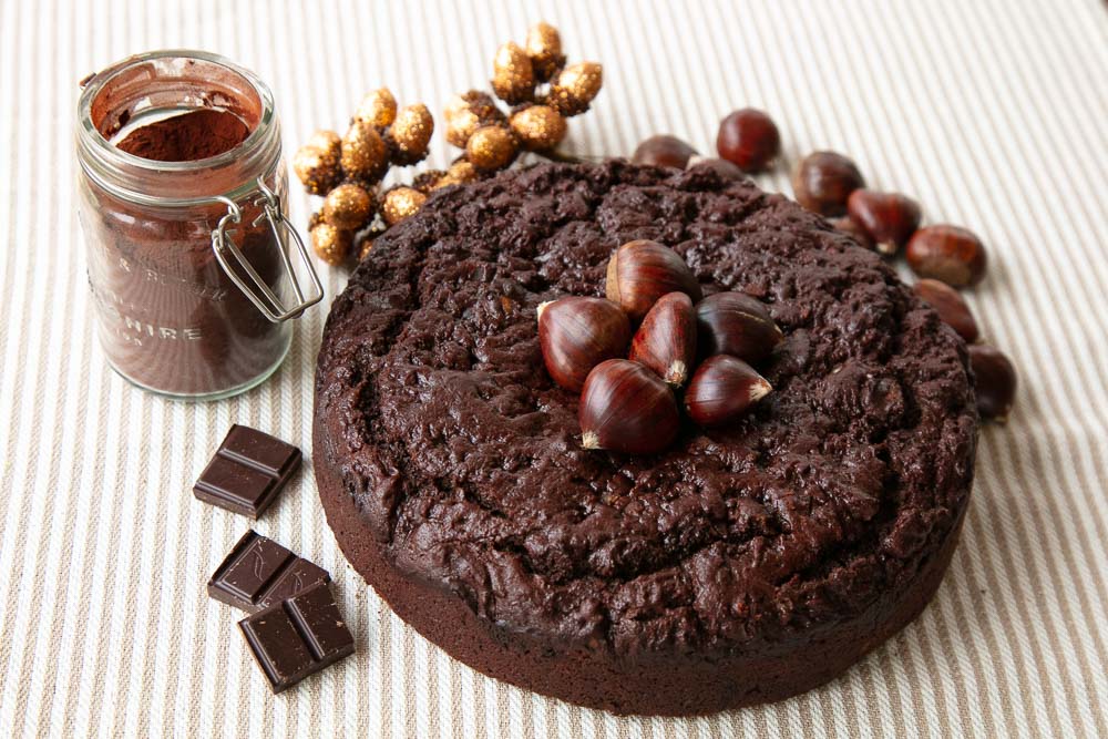Chocolate Chestnut Cake with autumnal decorations. 