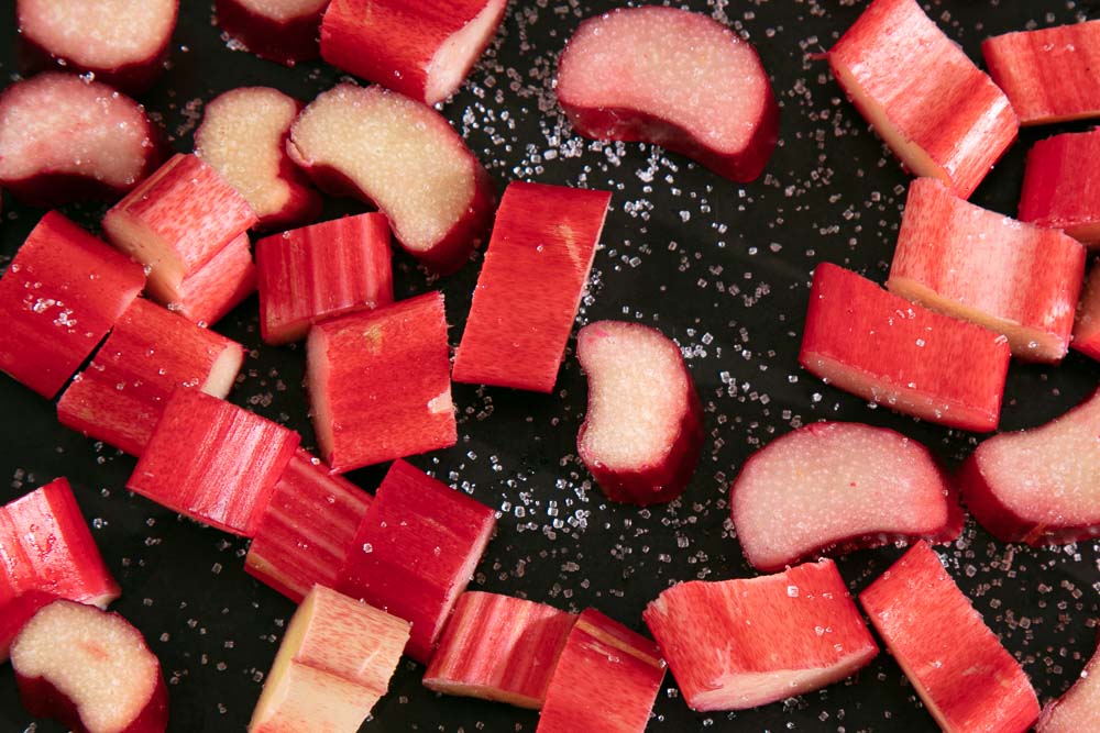 Pink rhubarb, chopped and ready to cook.