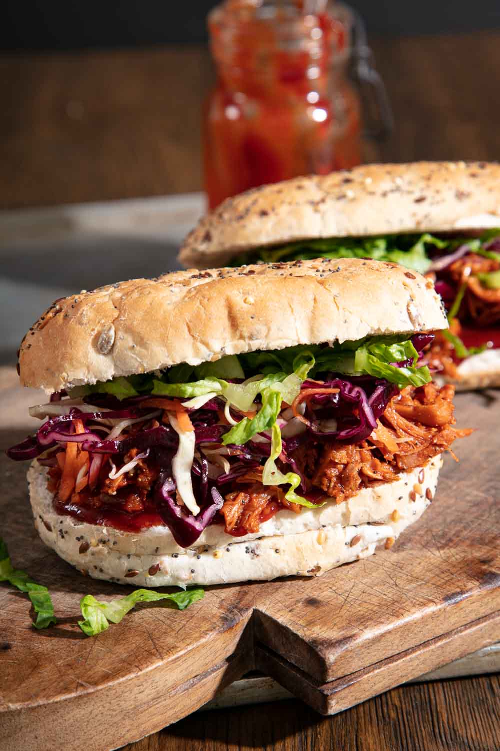 BBQ Jackfruit in a seeded bun with red cabbage coleslaw. 