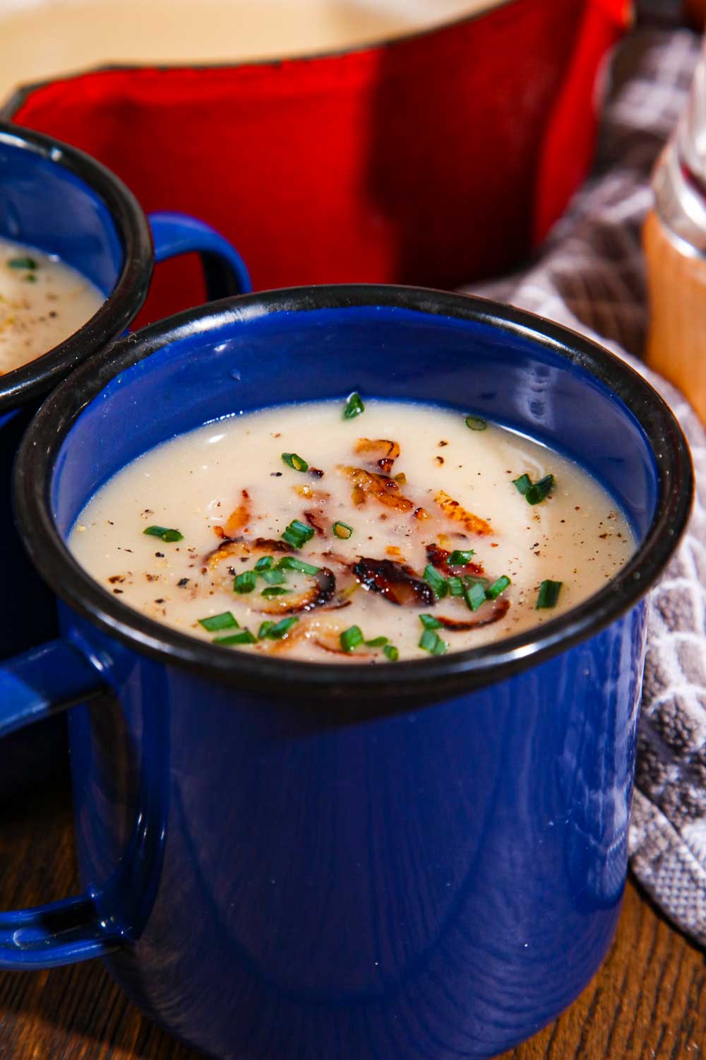 A blue tin cup of onion soup showing the toppings of fried onion, chopped chives and pepper. 